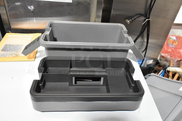 Craftsman gray tool box with compartments shown open, containing various items. Good condition. Bid includes 3 boxes.