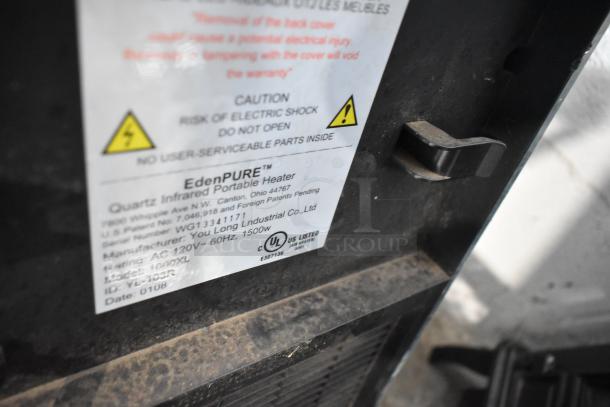 EdenPURE 1000XL Quartz Infrared Portable Heater label, showing caution warnings, model, and ID details. 120V, 1 phase.