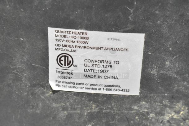 Label on Pelonis HQ-1000B Quartz Heater, 120V, 1 Phase. Shows ETL certification, made by GD Midea Environment Appliances, China.
