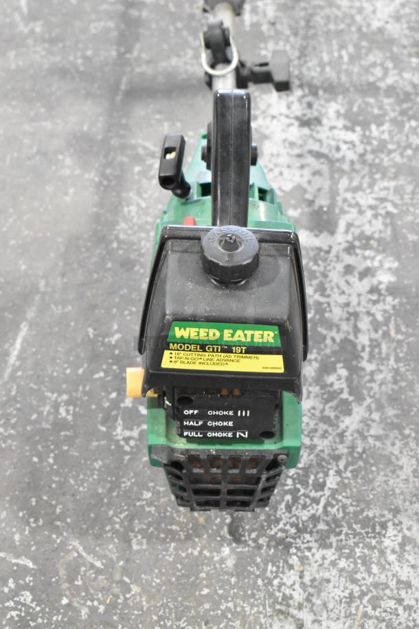 GTI 19T Weed Eater, 18" cutting path, choked settings visible, includes 8" blade, good condition, ergonomic handle.
