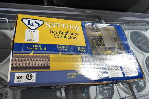 BRAND NEW T&S HG-4D-48K gas appliance connector hose, 48" yellow coated steel, FreeSpin fitting, installation kit, 3/4" NPT.