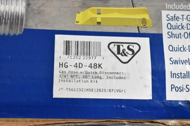 BRAND NEW SCRATCH AND DENT! T&S HG-4D-48K, 48" yellow gas hose, Quick Disconnect, 3/4" NPT, includes installation kit.