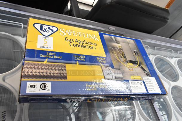BRAND NEW T&S Safe-T-Link 48" Yellow Gas Hose, 3/4" NPT, stainless braid, FreeSpin fitting, installation kit included.