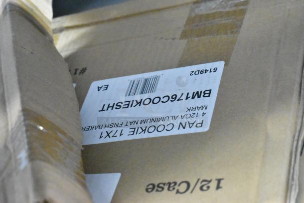 Box labeled with “BM176COOKIESHT” and “NSA 12GA ALUMINUM NAT FINISH BAKER” for a 14"x17" rimless aluminum cookie sheet.
