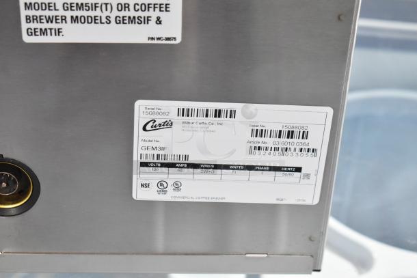 BRAND NEW SCRATCH AND DENT Curtis GEM3IF 1.5 Gallon Satellite Coffee Server; model details and certifications visible.