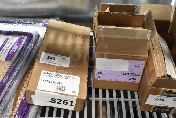 Boxes containing Amana Menumaster 14059194640 control board, Lincoln 369466 conveyor motor, Cleveland 300254-CLE transformer, new condition.