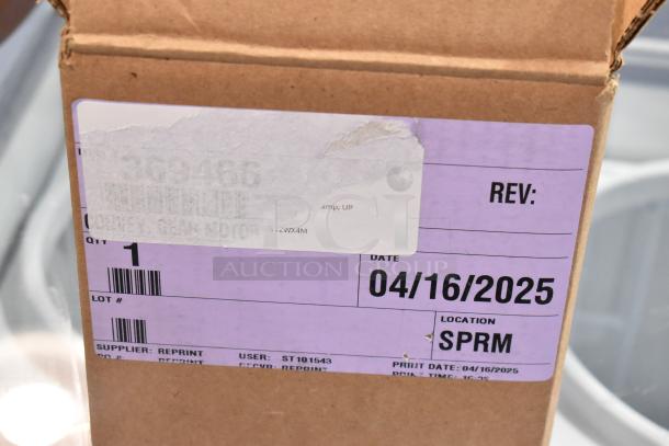 Box with partial view of label showing "369466" conveyor gear motor, packed date "04/16/2025", location "SPRM".