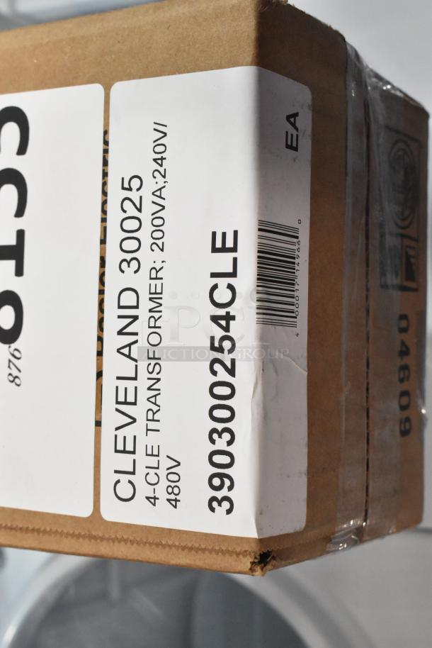Brand new Cleveland 300254-CLE transformer in box, 200Va, 240V/480V, visible label with specifications.
