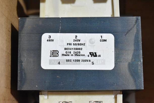 Basler transformer with label details: BES4139002, 240V/480V, 120V 200VA, new condition, Made in Mexico.