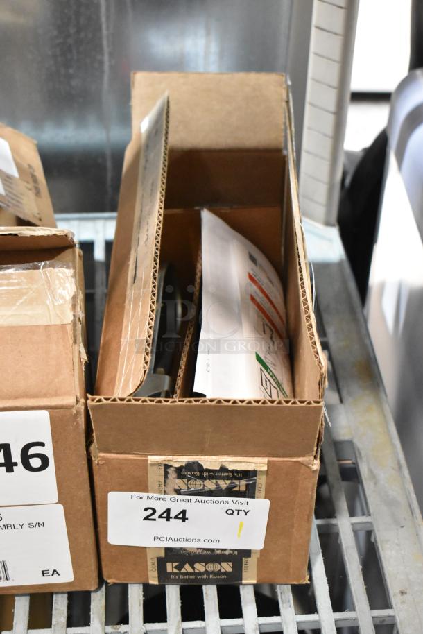 Brand new Kason® 10055000028 latch in original box, chrome finish, 1-1/8" strike. Box shows scratches and dents.