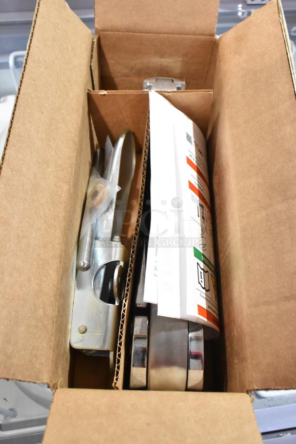 Brand new Kason 10055000028 latch with strike, chrome finish, 1-1/8" size, in original box showing slight scratches.