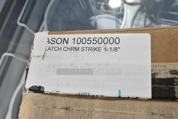 Brand new Kason® 10055000028 latch with 1-1/8" chrome strike, scratch and dent condition, original packaging visible.