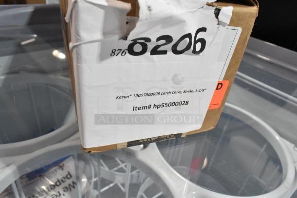 Brand new Kason® 10055000028 latch, chrome, strike, 1-1/8". Visible box label with item number hp55000028.