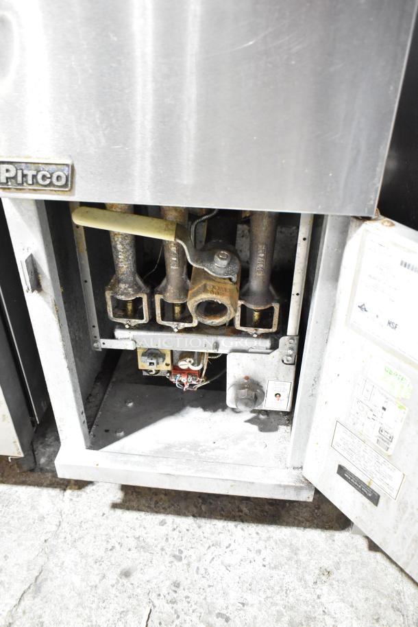 Pitco Frialator 35C stainless steel deep fat fryer, natural gas, 90,000 BTU, commercial use, open panel showing interior.