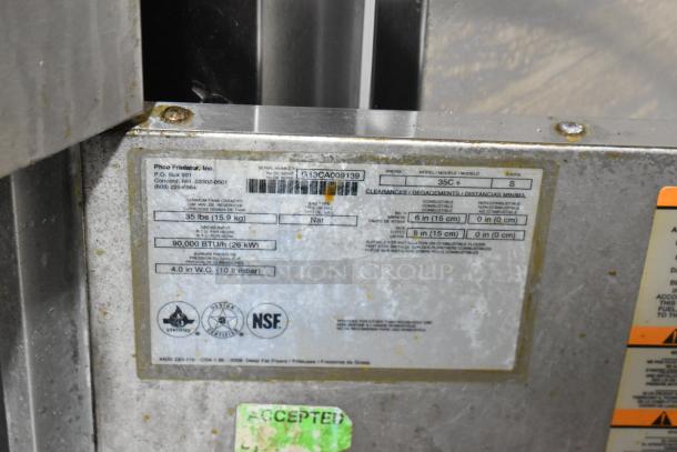 Pitco Frialator 35C stainless steel deep fat fryer label showing 90,000 BTU output and NSF certification.