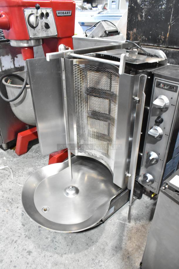 Ikoksan Stainless Steel Commercial Countertop Gyro Machine with adjustable knobs, stainless finish, and vertical spit, in good condition.