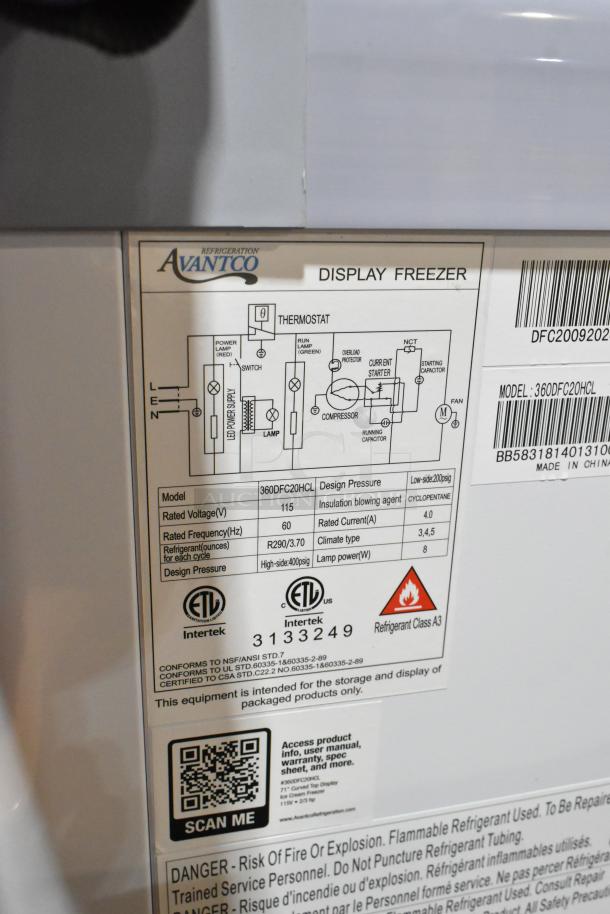 Avantco display freezer label, model 360DFC20HCL. Shows electrical specs, safety warnings, and refrigerant info. New condition.