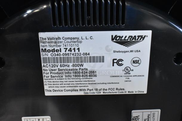 Label on Vollrath 7411 Induction Rethermalizer, showing specifications: 120V, 60Hz, 800W. Indicates compliance with FCC rules.