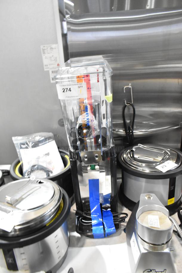 Brand new Carnival King JETCOF 120M 5-gallon refrigerated beverage dispenser, 120 volts, 1 phase, scratch and dent condition.