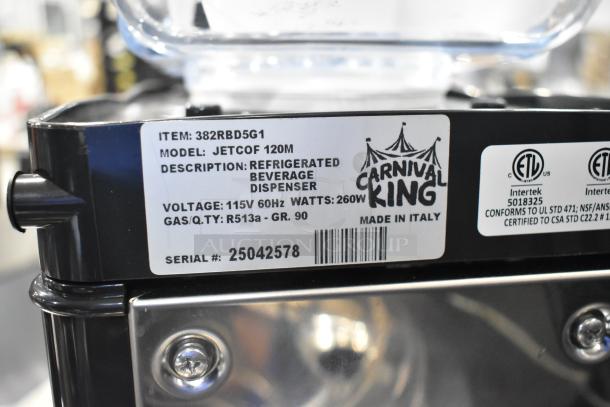 Brand new Carnival King JETCOF 120M refrigerated beverage dispenser, 5-gallon, 120V, 1-phase. Item: 382RBD5G1. Serial: 25042578.