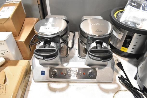 Brand new Waring WW300BX Quad Belgian Waffle Iron, 208V, non-stick, minor scratches and dents, visible control labels.
