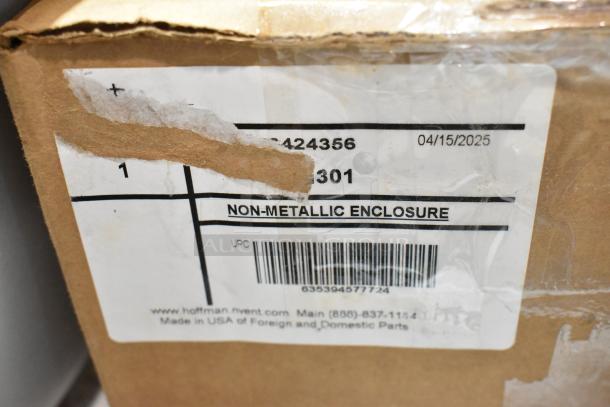 Cardboard box with a label marked "Non-Metallic Enclosure," barcode, and contact info. Date displayed: 04/15/2025.
