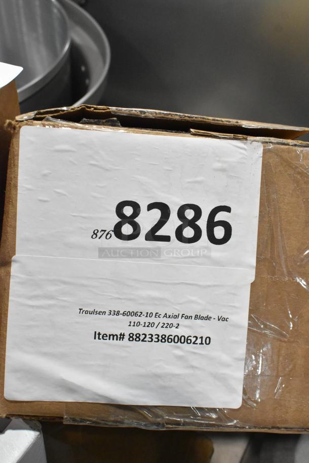 Box with label for Traulsen 338-60062-10 EC Axial Fan Blade, VAC 110-120/220-2, Item# 8823386006210. New condition.