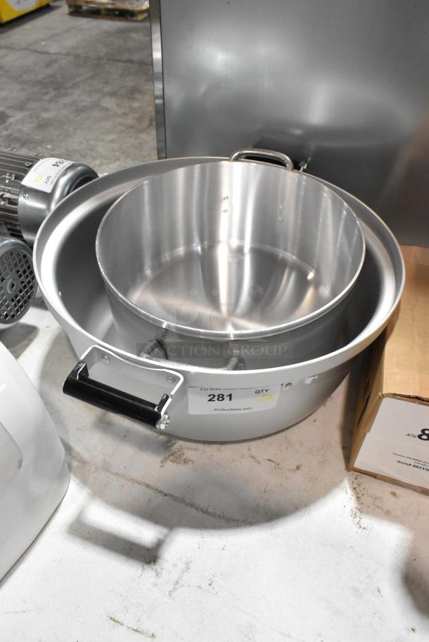 Brand new scratch and dent metal rice cooker insert and stock pot, with handles and label "281" visible.