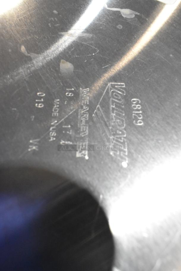 Brand new Vollrath metal items with minor scratches; includes rice cooker insert and stock pot. Markings: model 68129, USA-made.