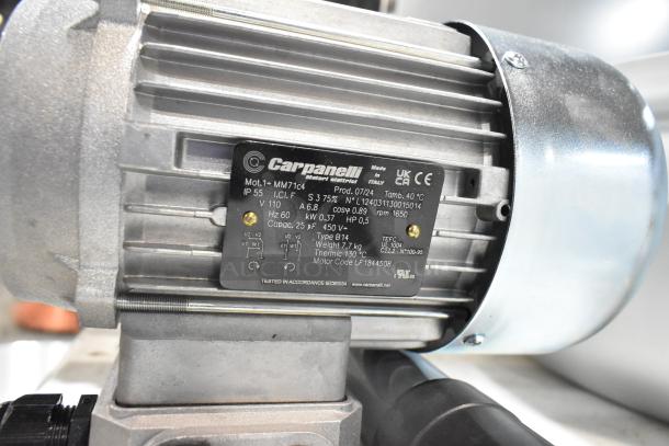 Brand new Carpanelli MM71c4 motor, 110V, 1 phase. Scratch and dent condition. Label info: Model MM71c4, 1650 rpm.