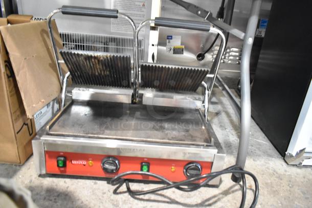 Brand new Avantco 177PG400GS commercial dual panini grill, grooved top, smooth bottom, 19 5/8"x9 1/8" surface, 120V.