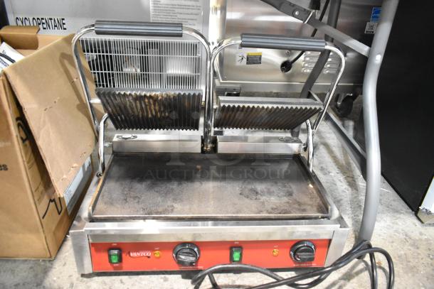 BRAND NEW 2025 Avantco 177PG400GS Panini Grill, dual plates, grooved top, smooth bottom, 19 5/8" x 9 1/8" surface, 120V, scratch and dent.