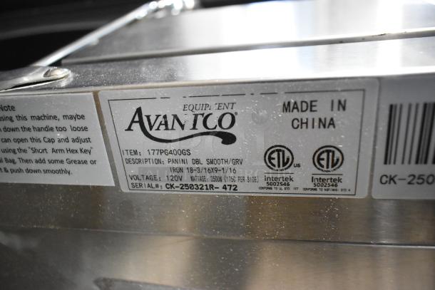 BRAND NEW 2025 Avantco 177PG400GS Commercial Dual Panini Grill, grooved top, smooth bottom, 19 5/8" x 9 1/8" surface.
