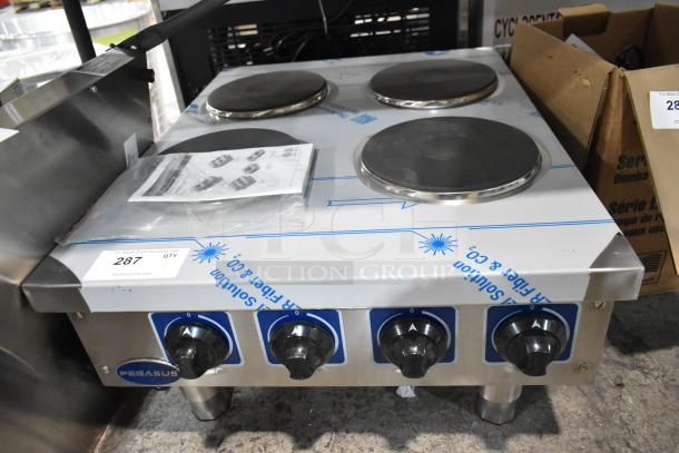 Pegasus HP-24 stainless steel 4-burner electric countertop range, new, with scratch and dent. 208V, 3-phase. Model HP-24.