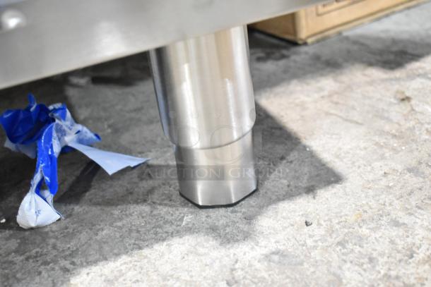 Brand new Pegasus HP-24 stainless steel leg detail, 24" 4-burner electric countertop range, 208V, 3-phase.