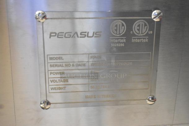 Alt text: Pegasus HP-24 stainless steel 24" 4-burner electric range label. Model HP-24, 208V, 3-phase, 8KW, made in Turkey.