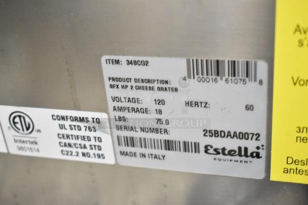 BRAND NEW Estella 348CG2 cheese grater label, 120 volts, 60 Hz, 18 amperage, stainless steel, made in Italy. Scratch and dent condition.