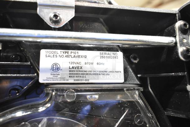 Lavex P101 Commercial Vacuum Cleaner, 120V, 870W. New with minor scratches. Model and serial number tags visible.