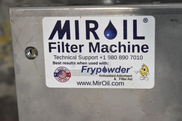 Miroil BD707 75 lb. electric fryer oil filter machine with 1-way pump. Scratch and dent condition. Label shows support info.