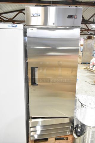 Avantco 178A19FHC stainless steel single door commercial freezer, scratch and dent, with poly-coated racks, 115V, 1 phase.