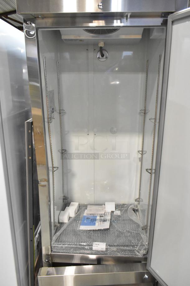 Brand new 2024 Avantco 178A19FHC stainless steel commercial freezer, single door, poly coated racks, 115V, 1 phase.