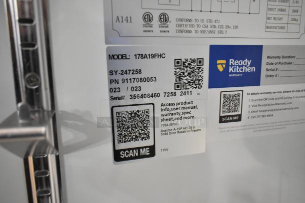 Brand new Avantco 178A19FHC commercial freezer, stainless steel, single door, poly-coated racks, 115V, scratch and dent condition.