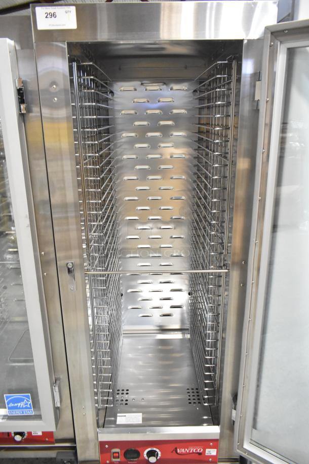 Brand new Avantco 177HTESC1836 heated holding cabinet with clear door, stainless steel, on commercial casters, 120V.