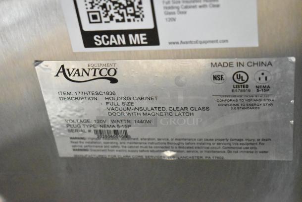 Avantco 177HTESC1836 heated holding cabinet label; full size, vacuum-insulated, clear glass door, 120V, 1440W, NEMA 5-15P.