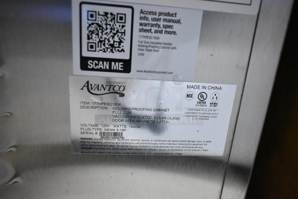 Avantco model 177HPESC1836 label showing specs: 120V, 1440W, NEMA 5-15P plug, made in China. QR code for product info.