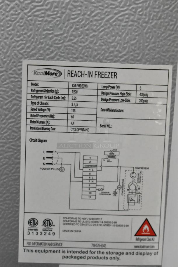 BRAND NEW KoolMore KM-FMD20WH 21 Cu. ft. commercial reach-in freezer in white. Manual defrost, 115 volts, 1 phase.