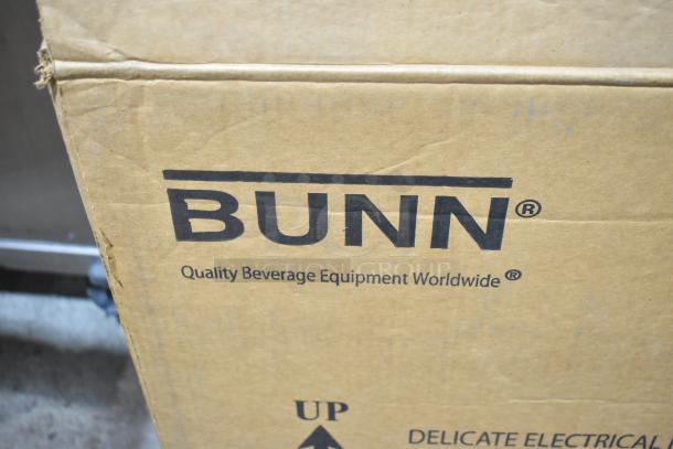 Box labeled "Bunn - Quality Beverage Equipment Worldwide," containing a new Bunn CWTF35-APS stainless steel airpot brewer, 120V, 1 phase.