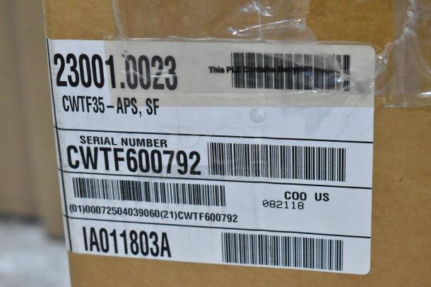 Label of Bunn CWTF35-APS airpot brewer showing serial number CWTF600792 and codes; scratch and dent condition.