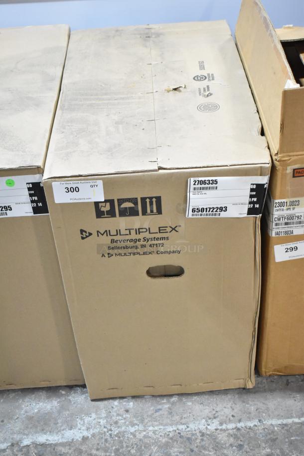 Multiplex 2706335 Stainless Steel 45 Lbs. Countertop M45 Ice Dispenser box, new, minor scratches. Labels indicate model and brand.