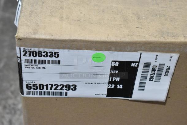 Brand new Multiplex 2706335 M45 ice dispenser in box, 45 lbs capacity, stainless steel, scratch and dent condition, made in Mexico.